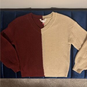 Wine/Burgundy and Cream color block V neck cropped sweater